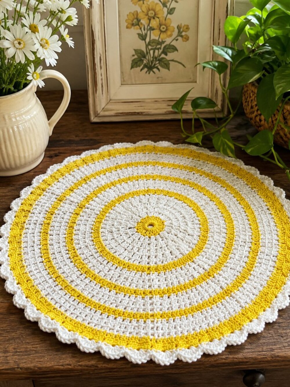 Vintage 12" Yellow & White Hand Crocheted Round Doily Table Mat Retro Cottage